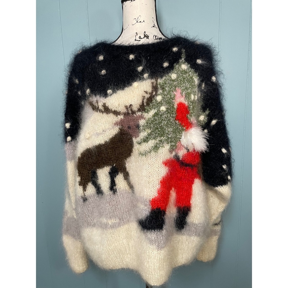 VTG Selina Knitwear Mohair Christmas Sweater XL Black Reindeer Santa Excellent